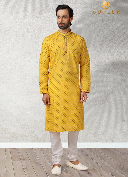 Yellow Outluk Vol 43 New Exclusive Wear Pure Cotton With Digital Print Kurta Pajama Mens Collection 43009